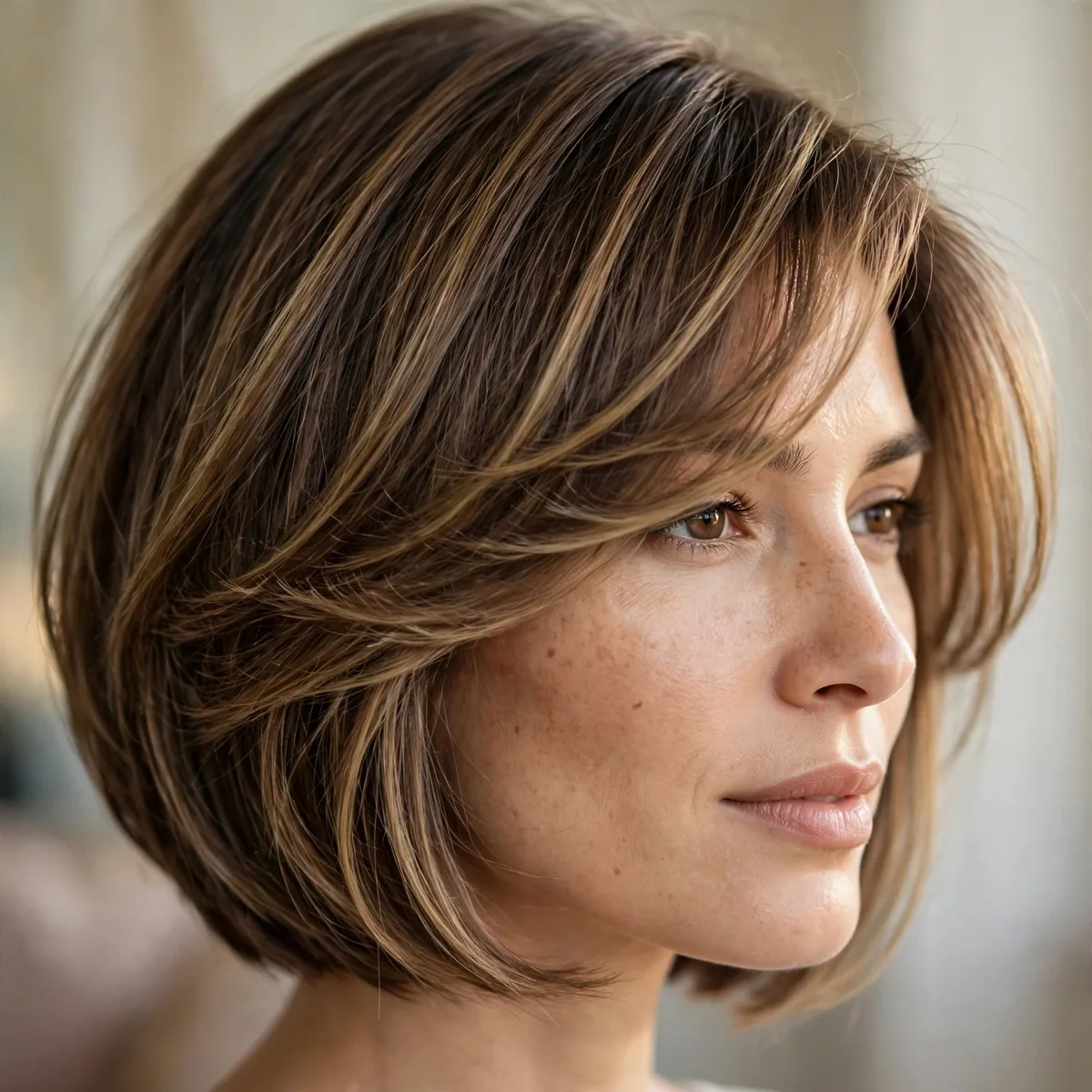 Layered bob with side-swept bangs
