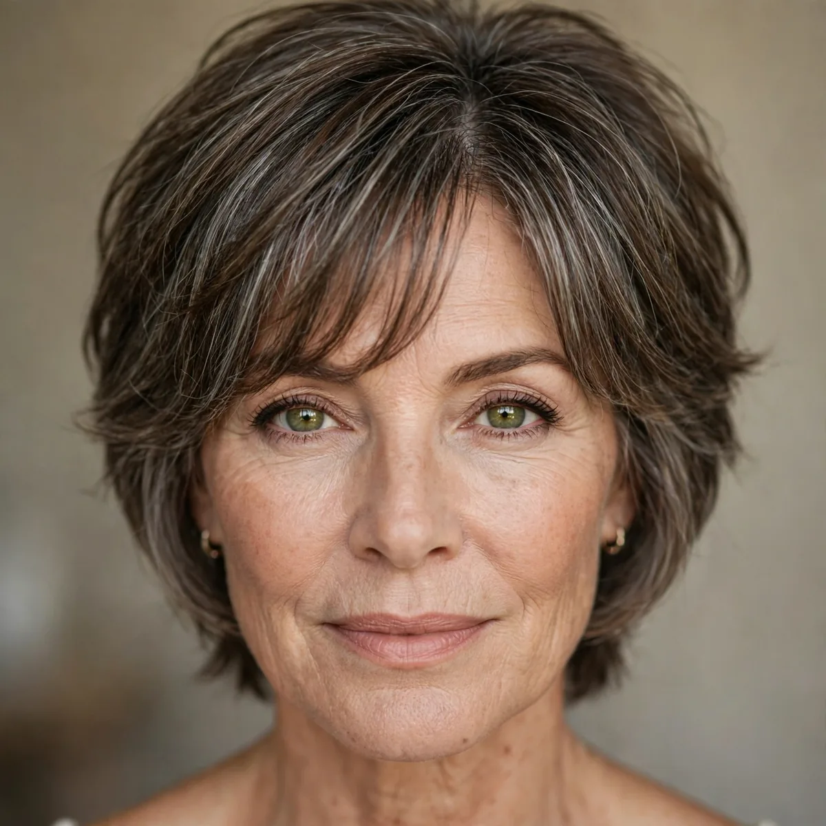 Short layered cut with curtain bangs over 50
