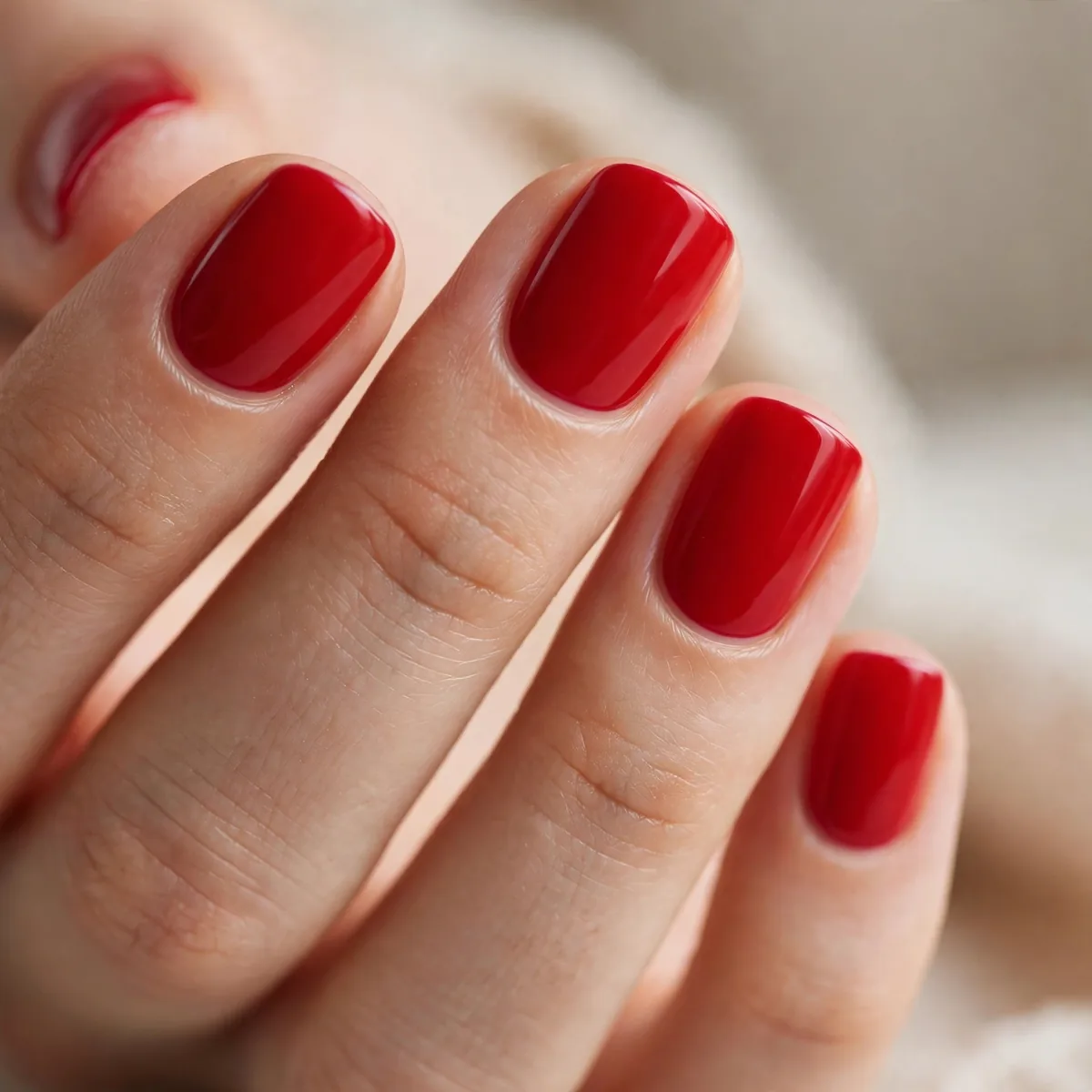Classic red polish on short nails