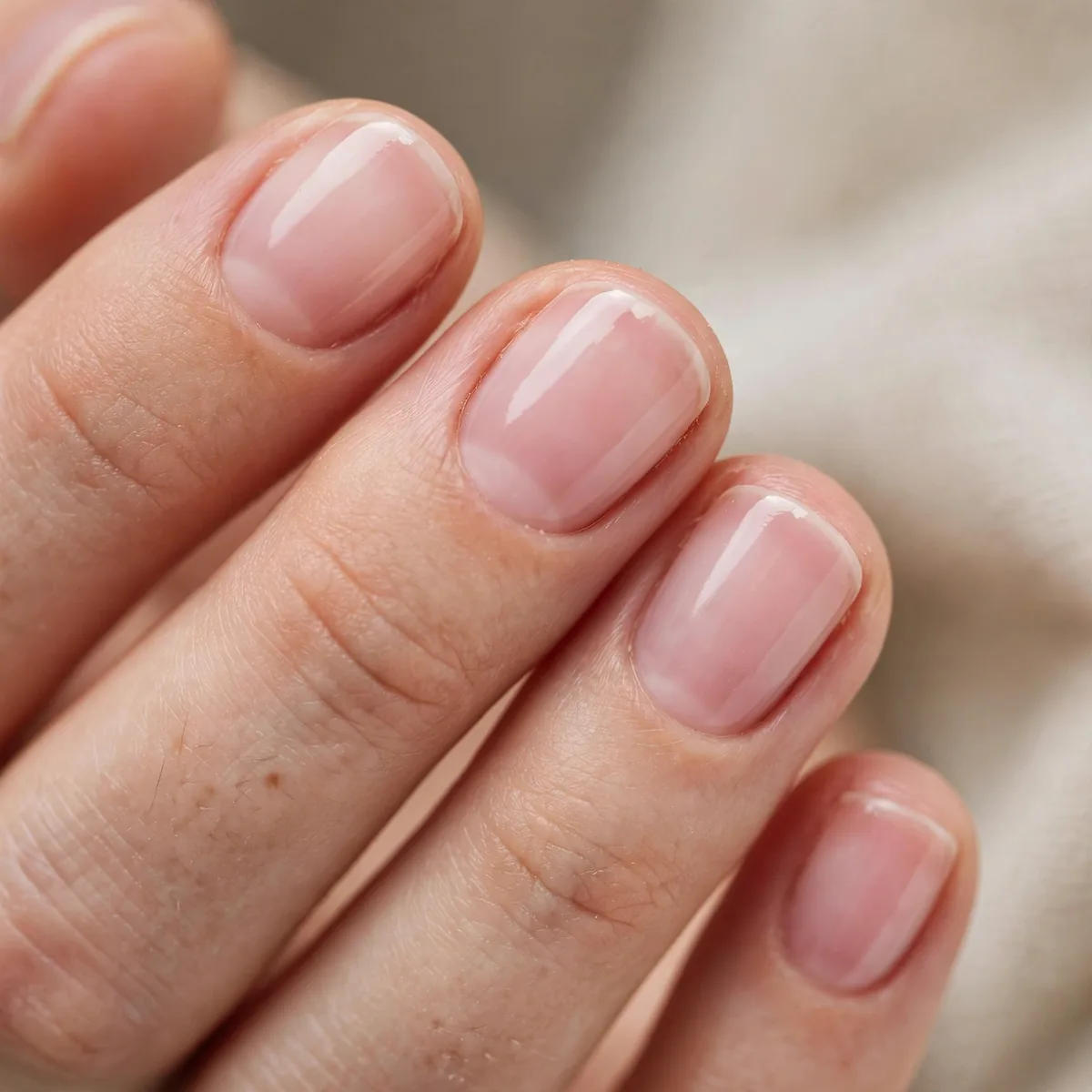 Sheer pink polish on short nails