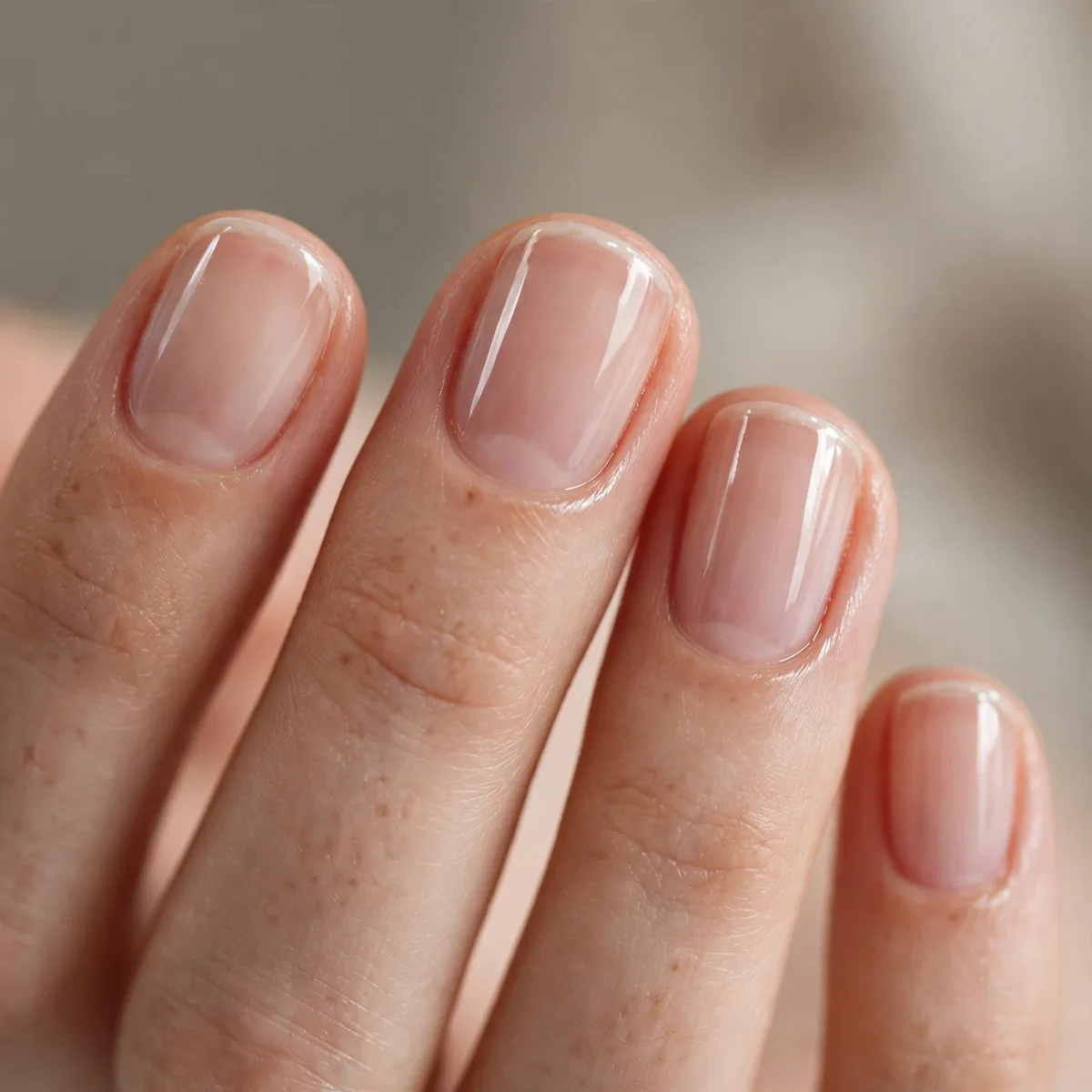 Clear glossy polish on short natural nails