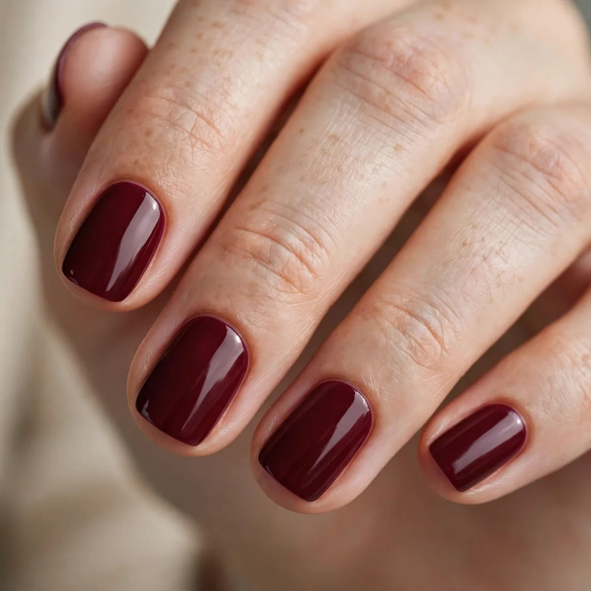 Burgundy polish on short nails