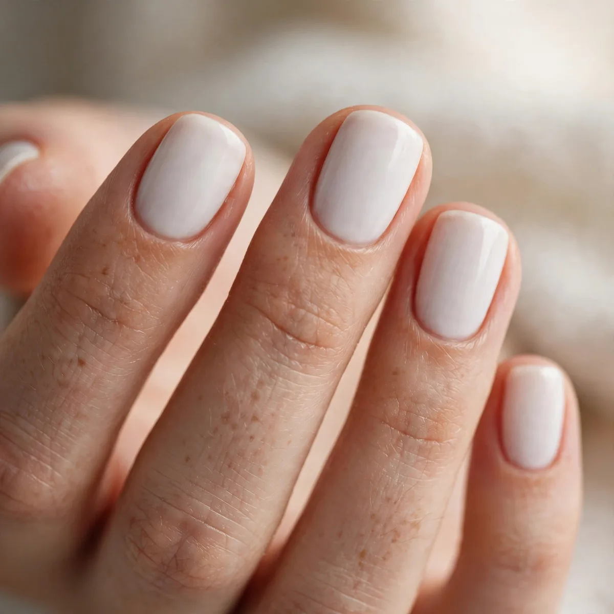 Milky white polish on short nails