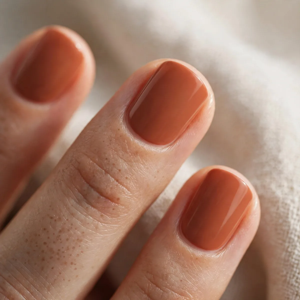 Terracotta creme polish on short nails