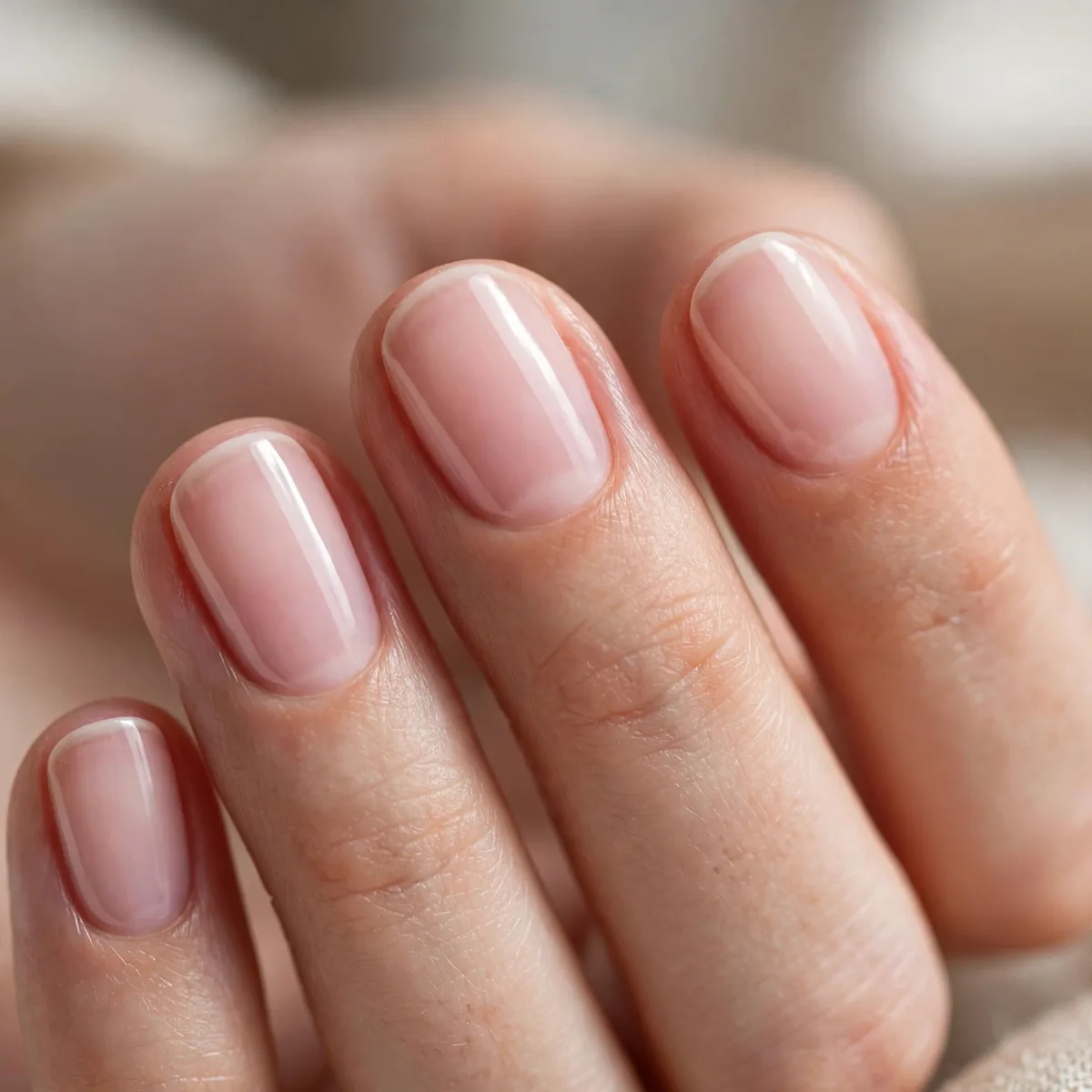 Short oval nails with barely-pink polish