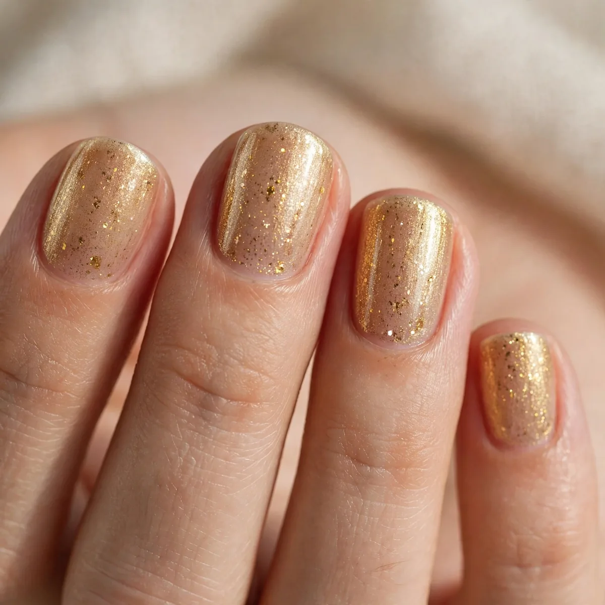Gold shimmer top coat on short nails