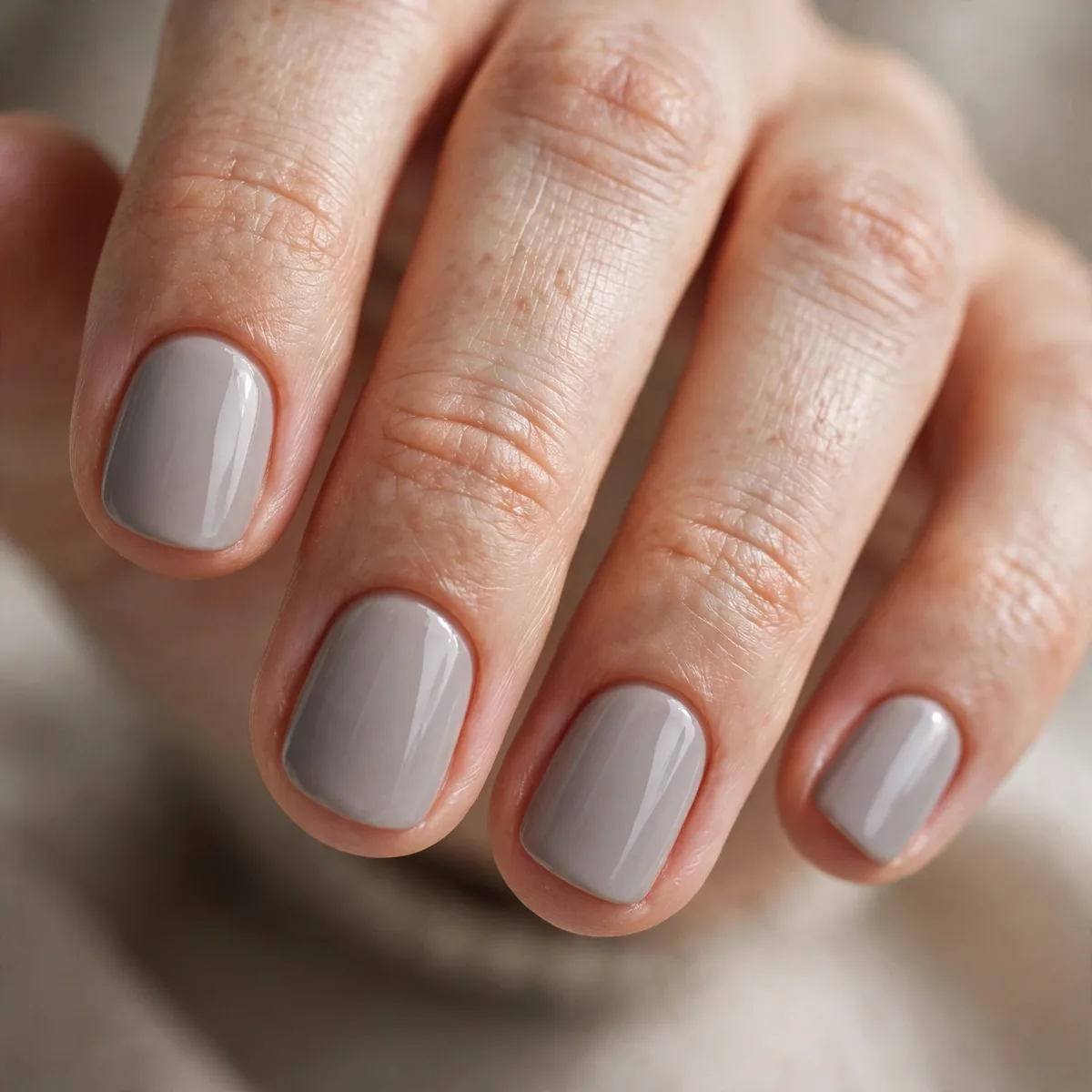 Soft gray polish on short nails