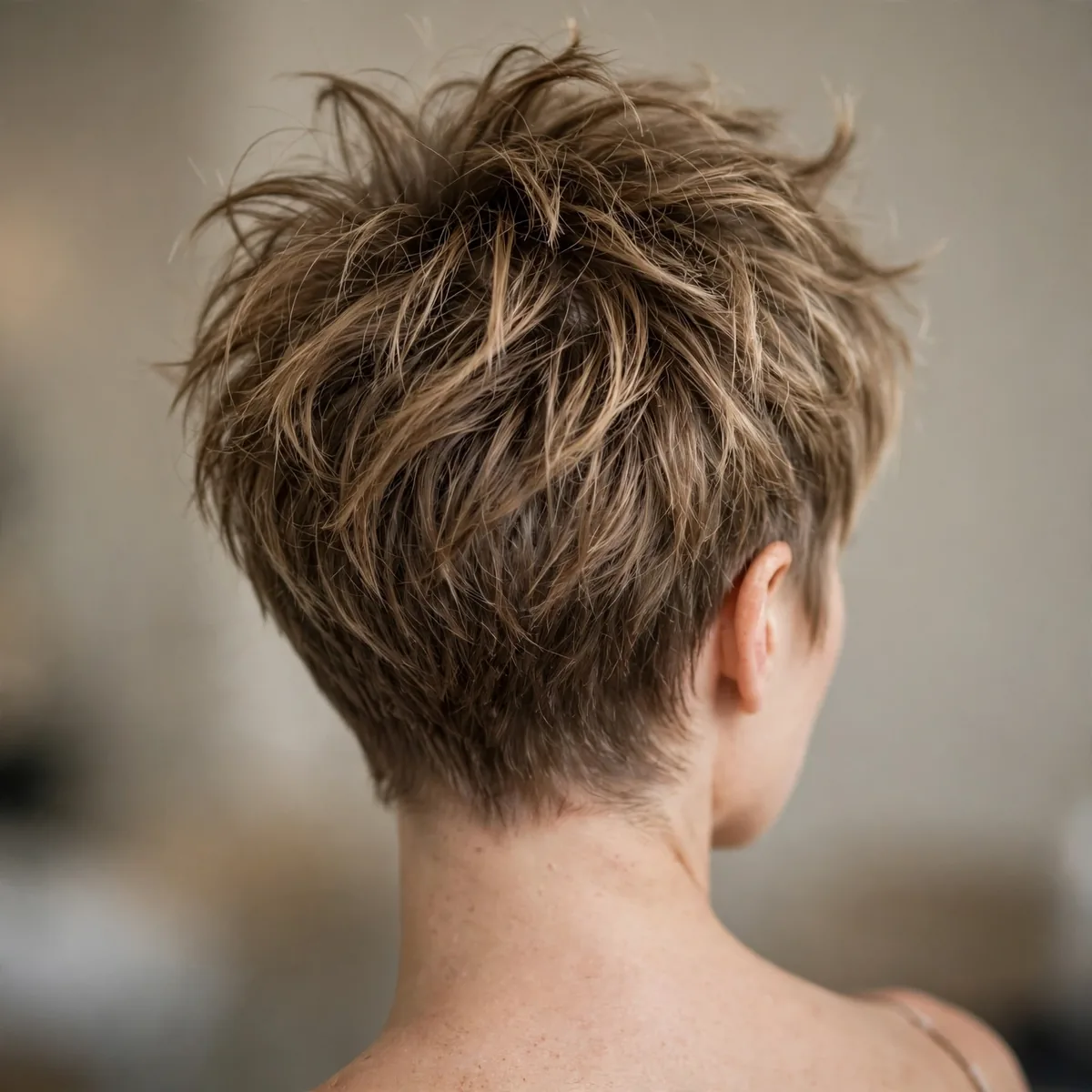 Back view of textured crown pixie highlighting choppy texture concentrated at the crown and natural movement