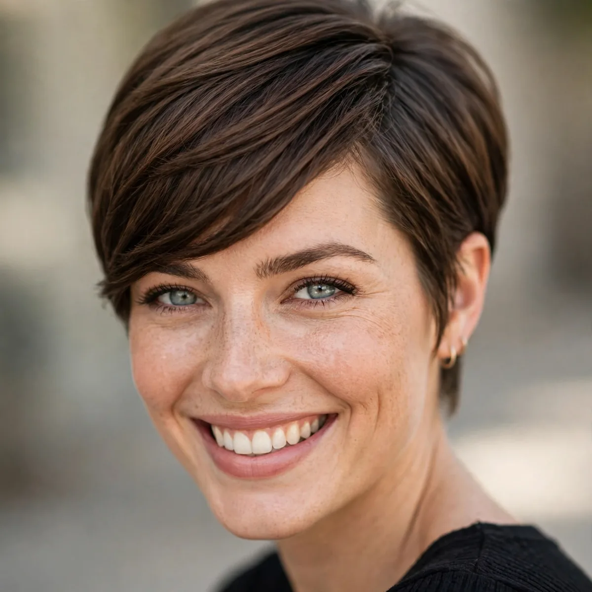Woman smiling with side-swept pixie, a deep side sweep across the forehead visible in daylight