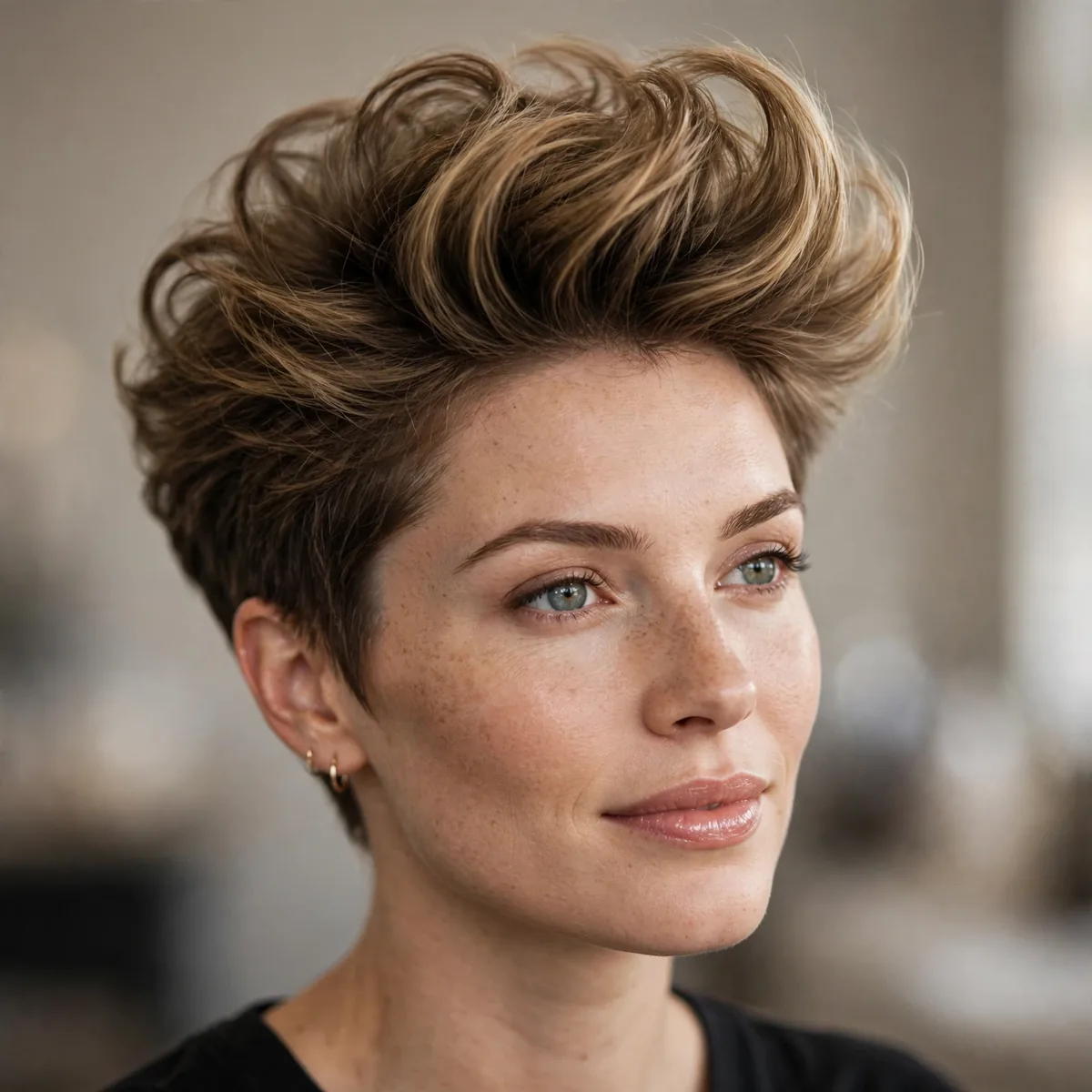 Salon-style photo of voluminous quiff pixie with a lifted quiff at the front and healthy shine
