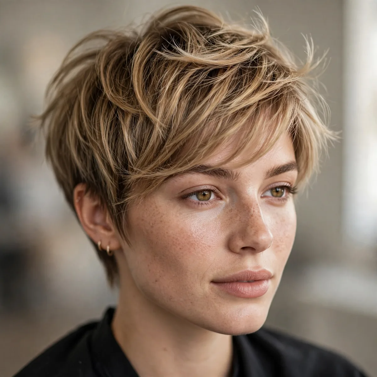 Salon-style photo of feathered pixie with feathered airy layering and healthy shine
