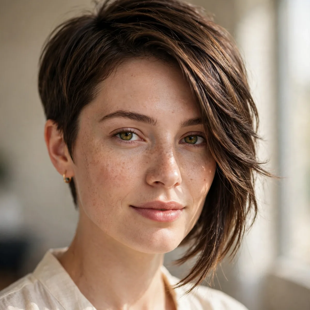 Woman wearing asymmetric pixie with one side worn longer, photographed in soft natural light