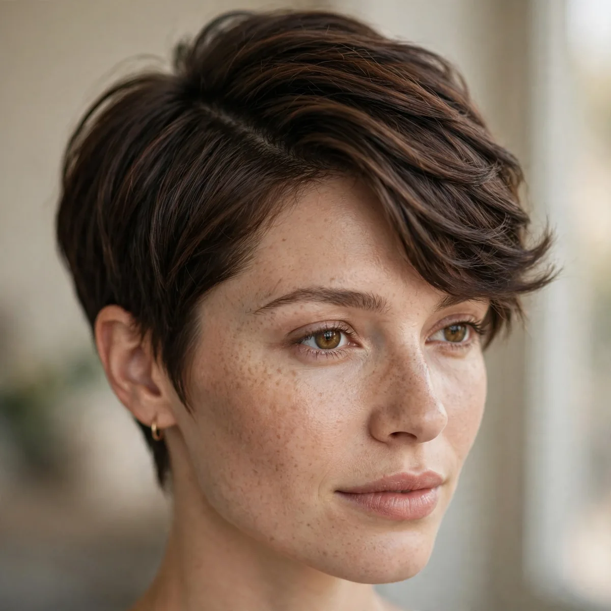 Woman wearing pixie with deep side part with a dramatic deep part, photographed in soft natural light