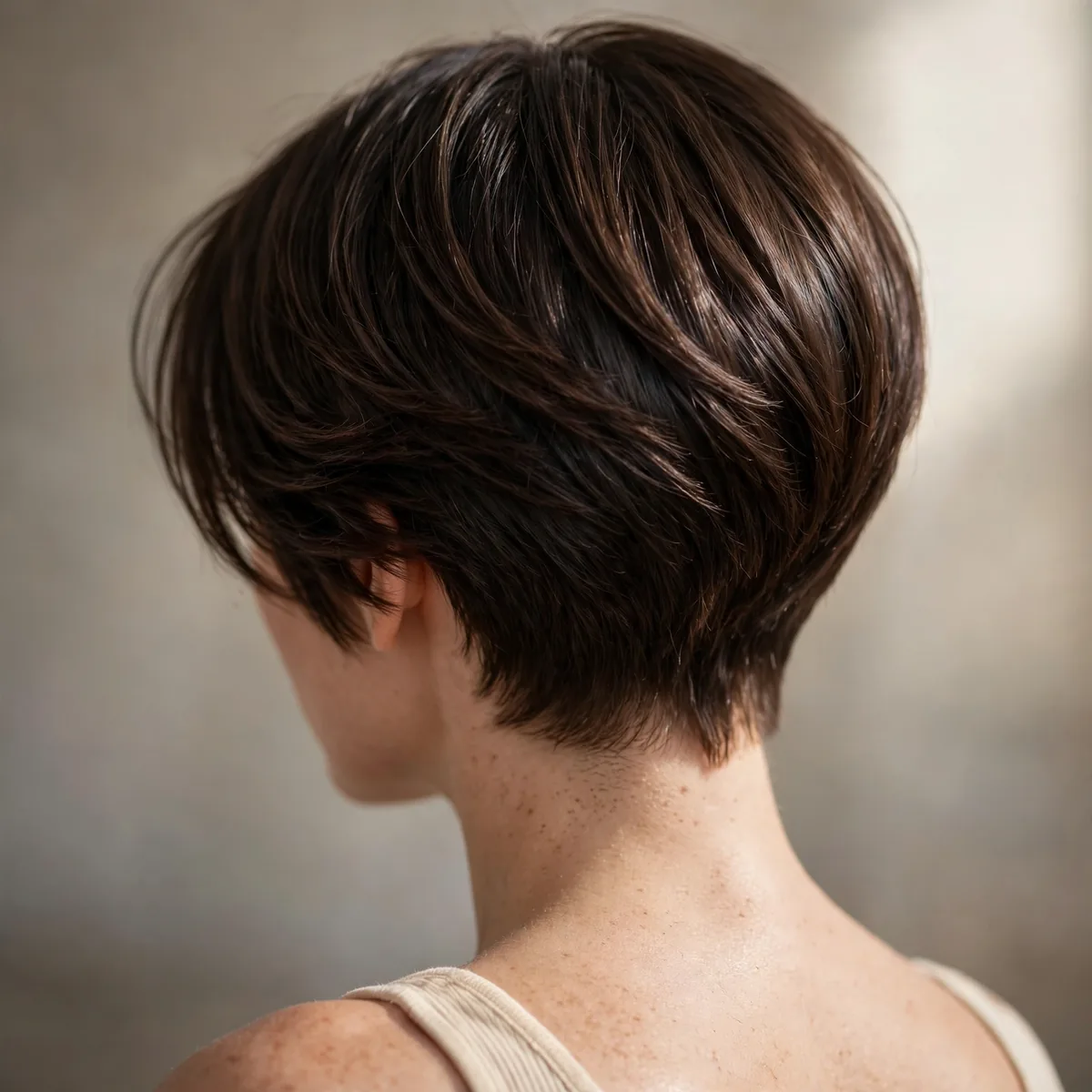 Back view of sleek polished pixie highlighting a smooth glossy finish and natural movement