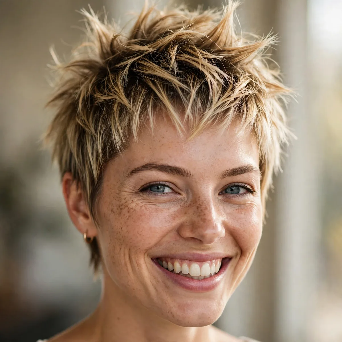 Woman smiling with spiky textured pixie, playful spiky separation visible in daylight
