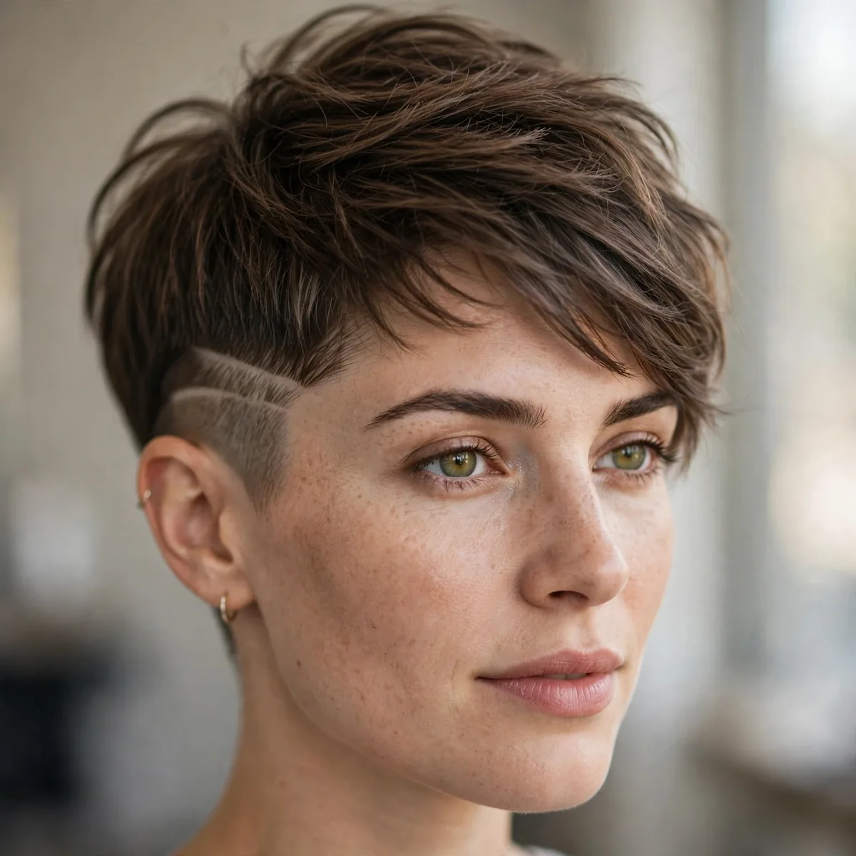 Woman wearing pixie with undercut detail with a shaved undercut panel, photographed in soft natural light