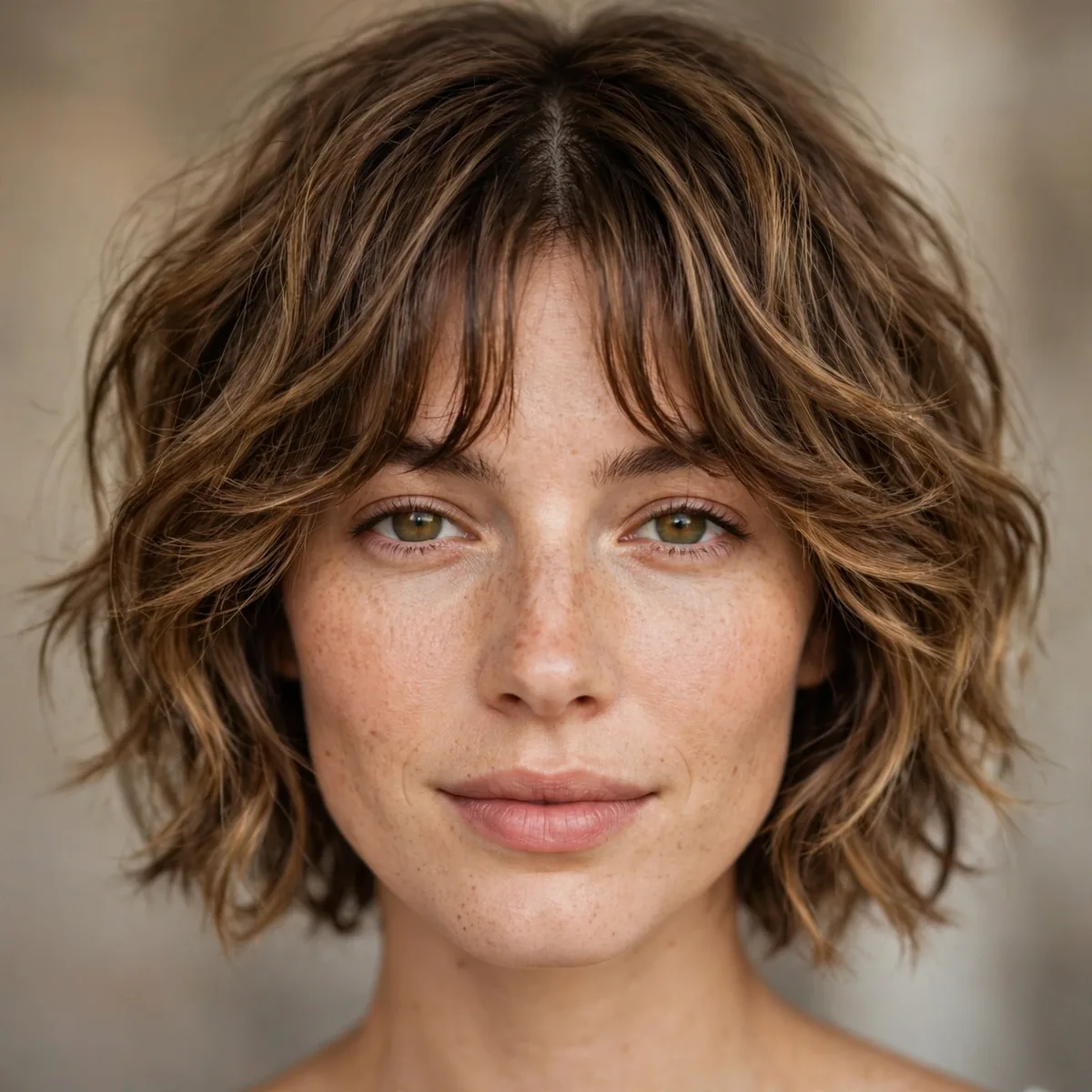 Short shag with curtain bangs on wavy hair