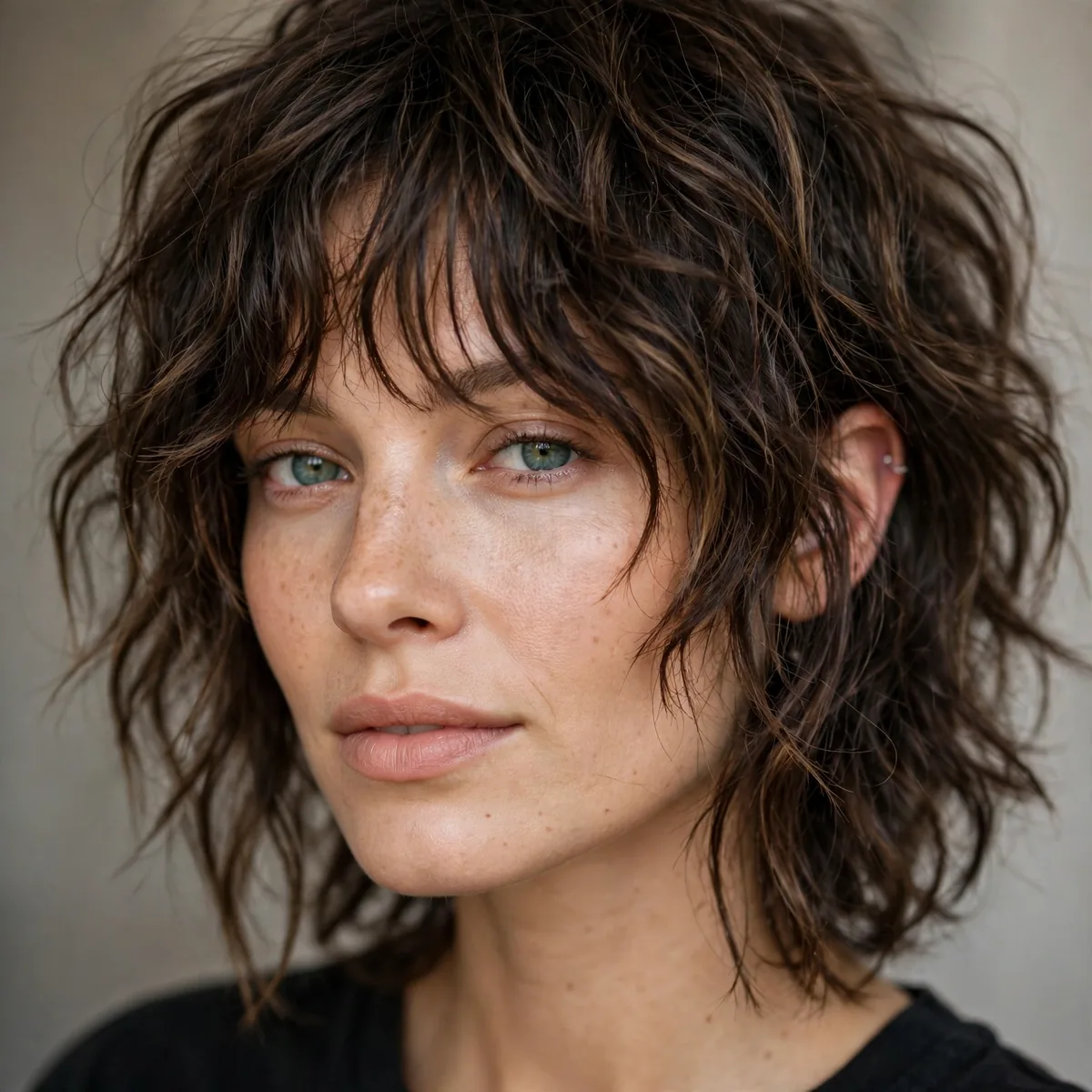 Messy rocker shag on wavy hair