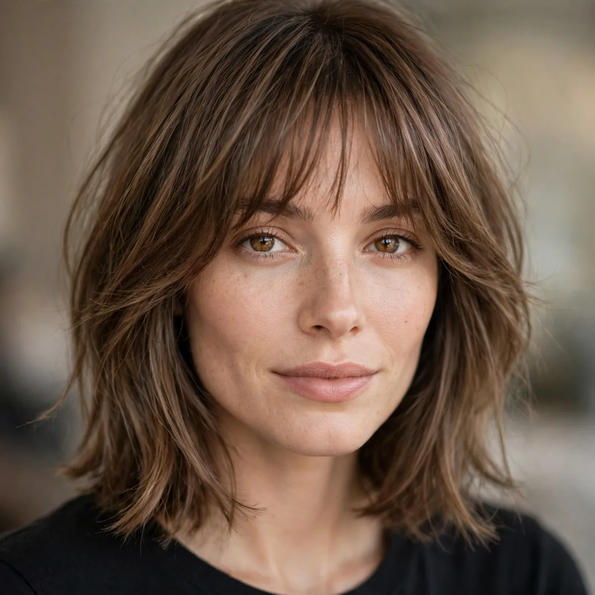 Shoulder-length haircut with wispy bangs