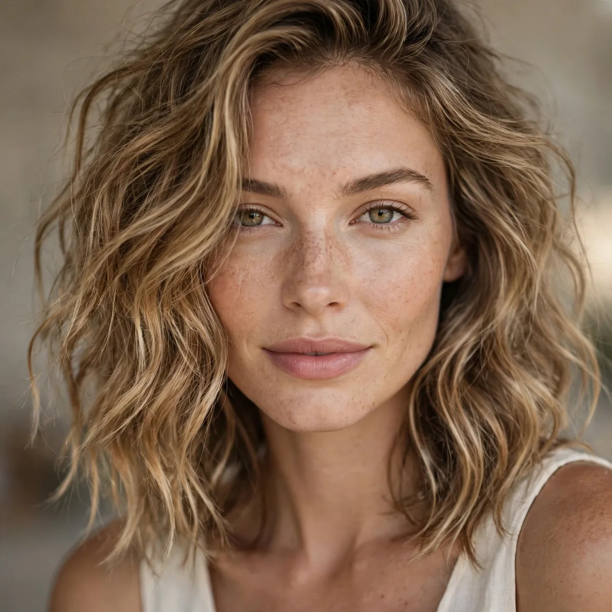 Beachy undone waves on shoulder-length hair
