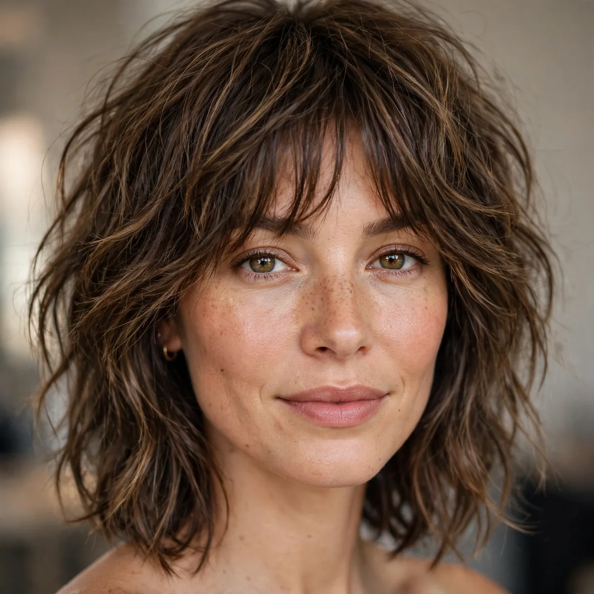 Modern shag haircut at shoulder length