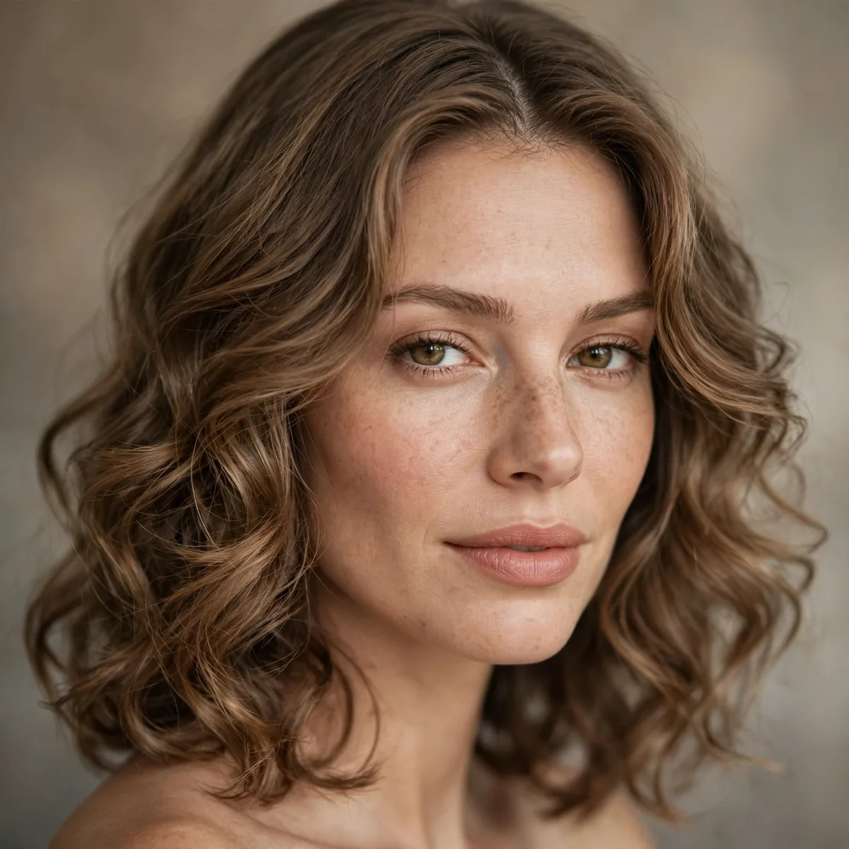 Soft curls with middle part on shoulder-length hair