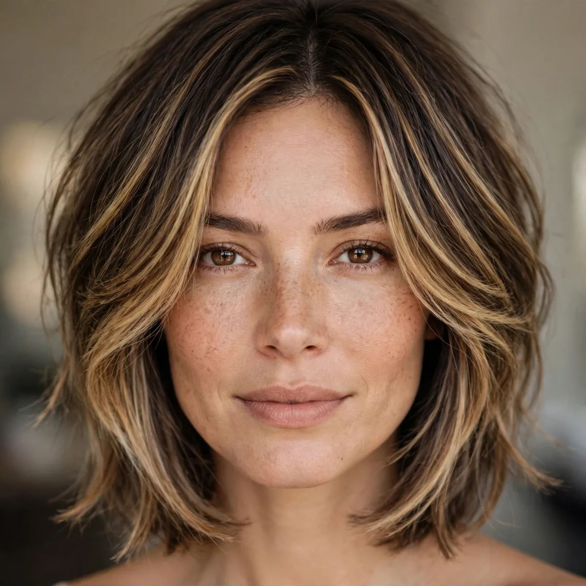 Layered shoulder cut with face-framing balayage highlights