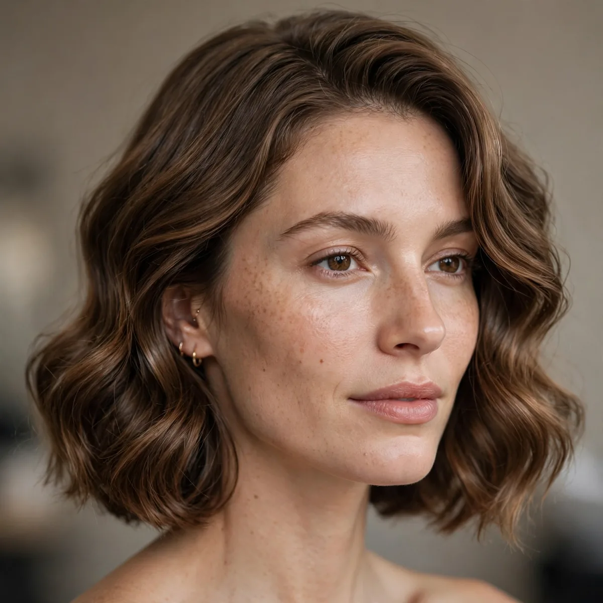 Salon-style photo of classic wavy lob with a one-length lob perimeter and healthy shine