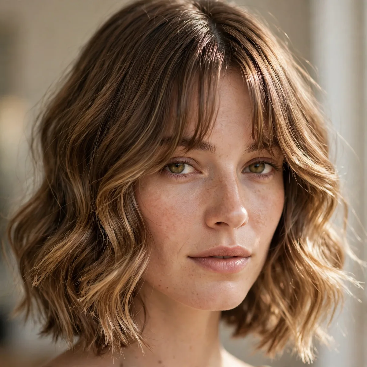Close-up of wavy lob with curtain bangs showing parted curtain bangs and textured ends