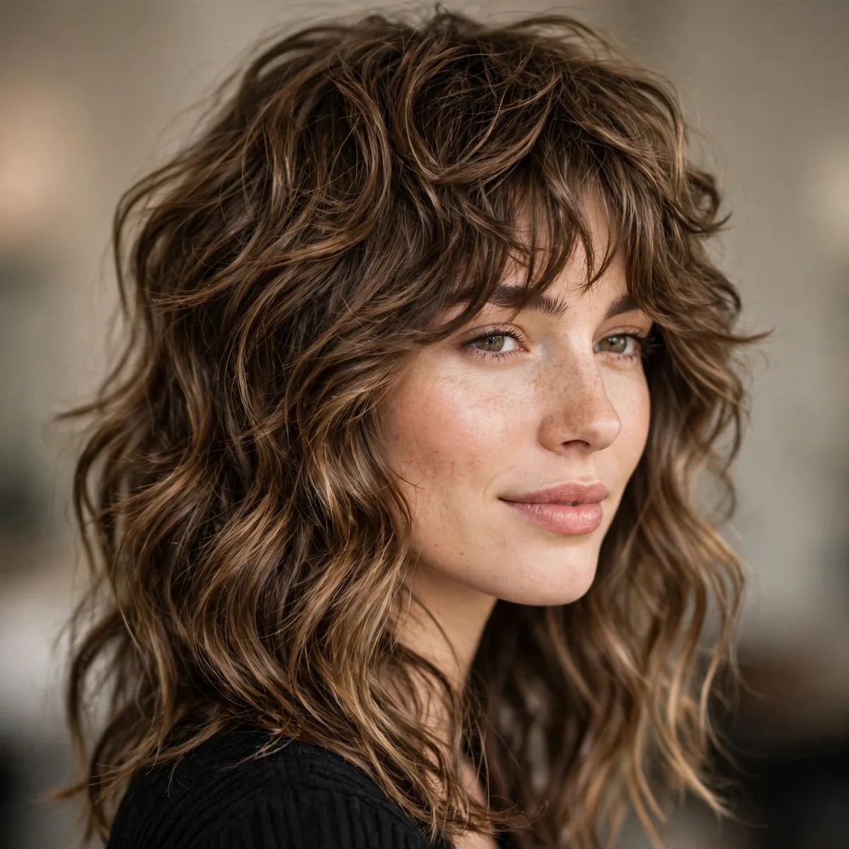 Salon-style photo of wavy wolf cut with a wolf-cut silhouette and healthy shine