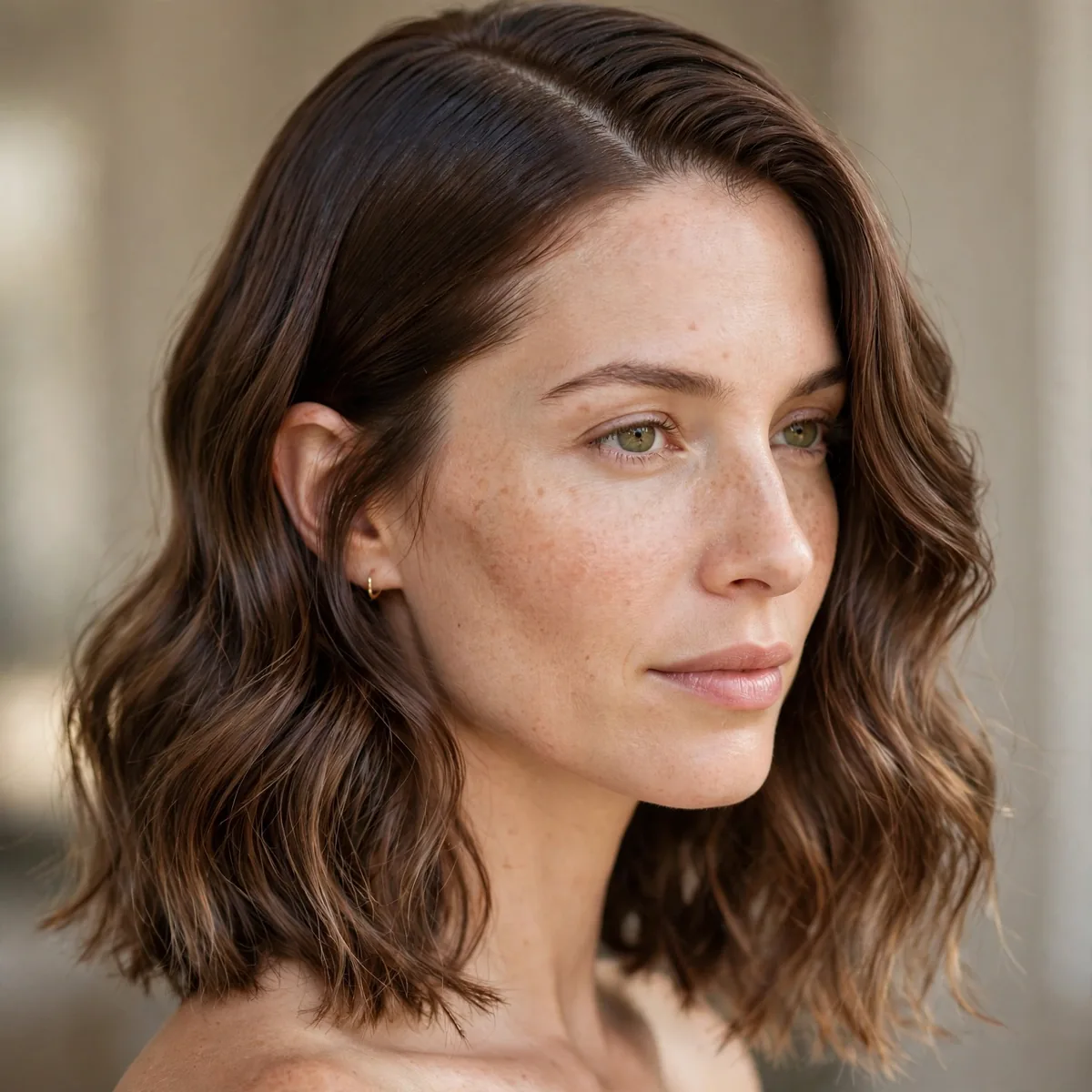 Close-up of sleek-root wavy lob showing smooth polished roots and textured ends