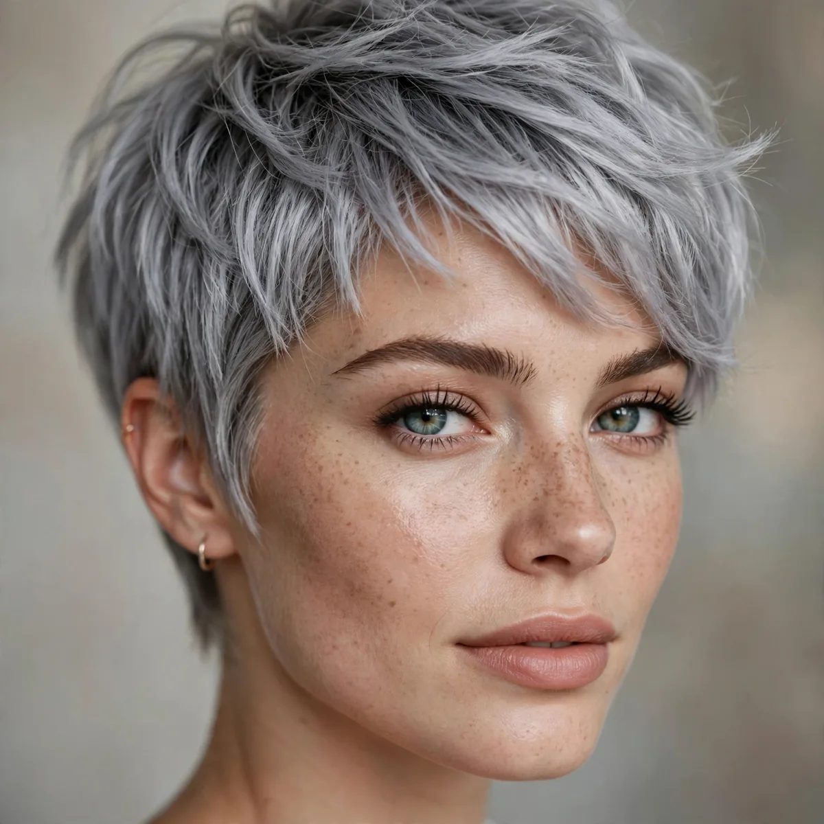 Silver gray pixie haircut