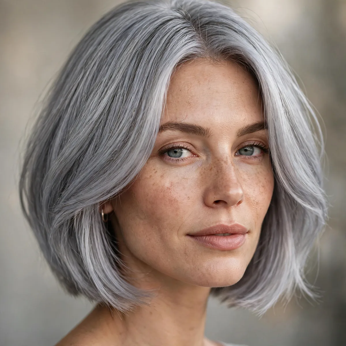 Silver gray lob haircut