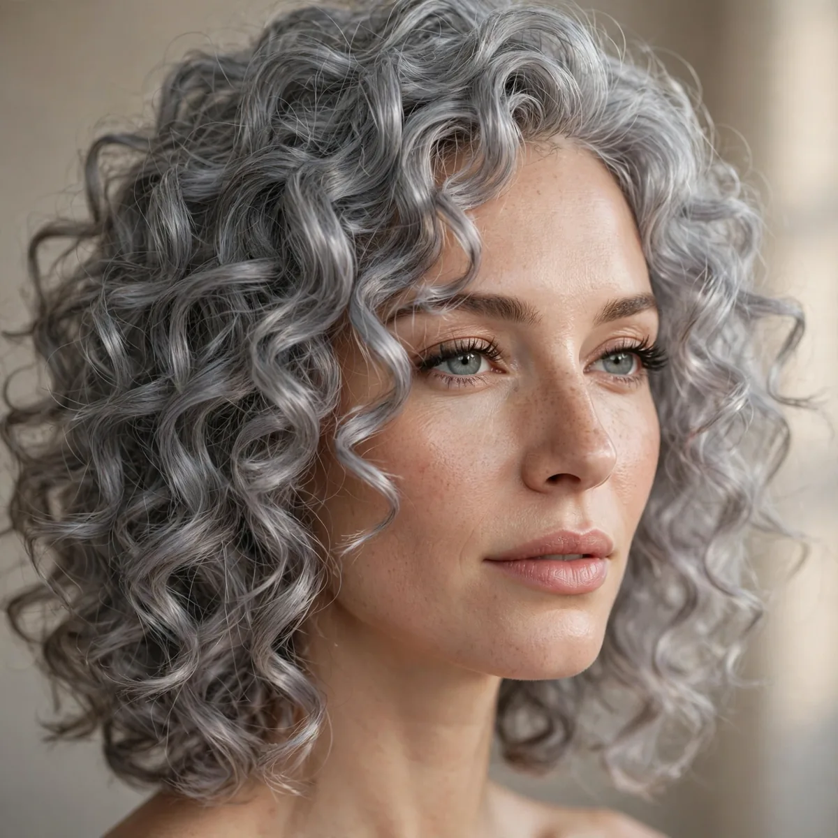 Silver gray curly hair