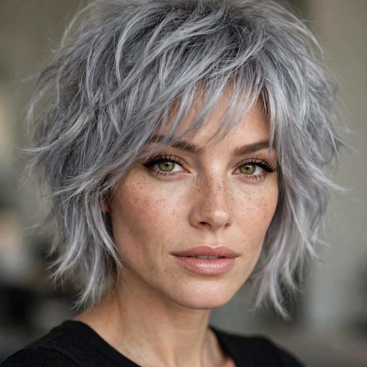 Silver gray shag haircut