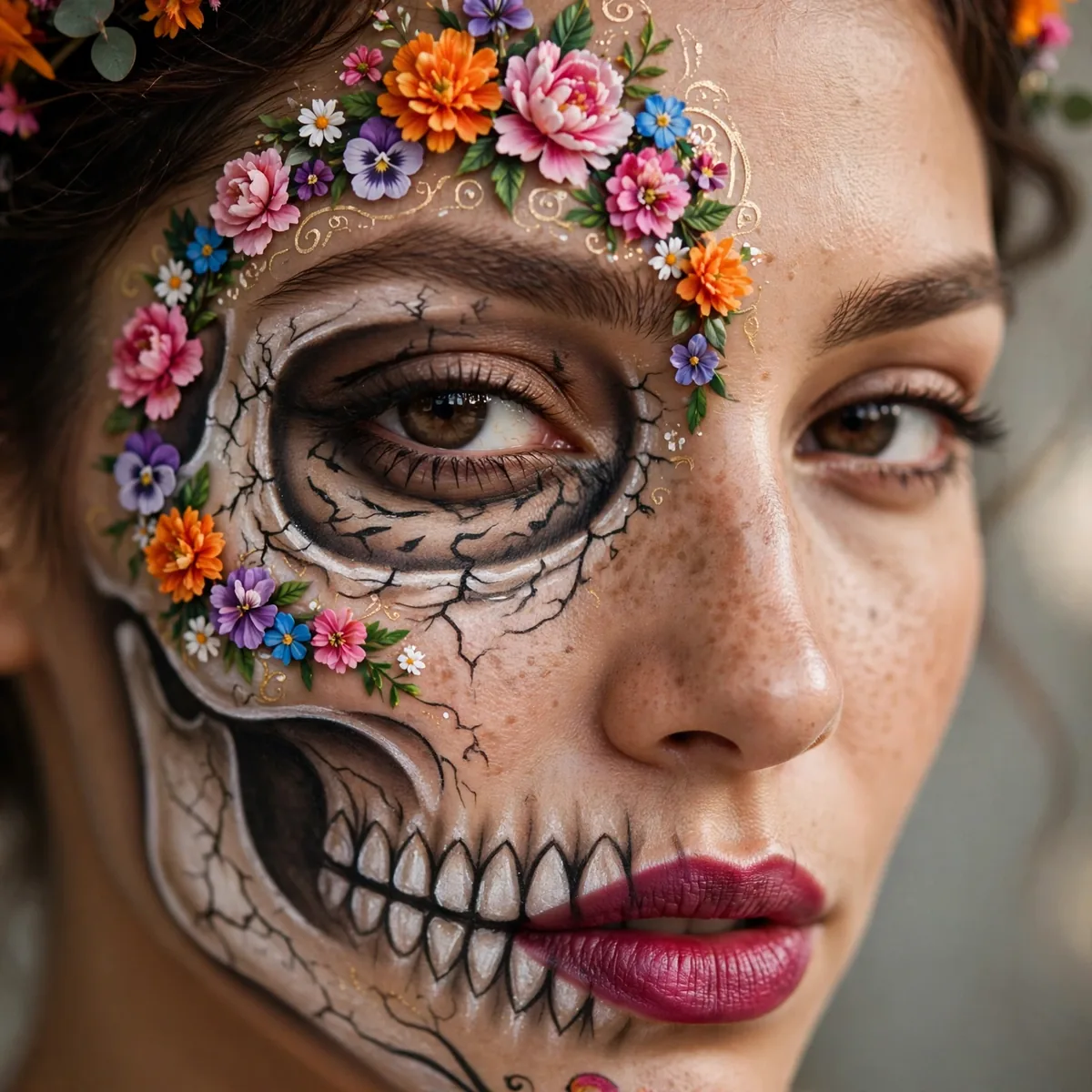 Beauty close-up of sugar skull skeleton highlighting colorful floral details and skin finish