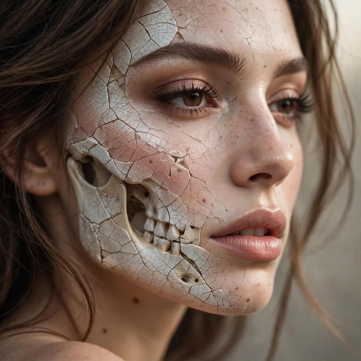 Beauty close-up of cracked porcelain skeleton highlighting fine crackle lines and skin finish