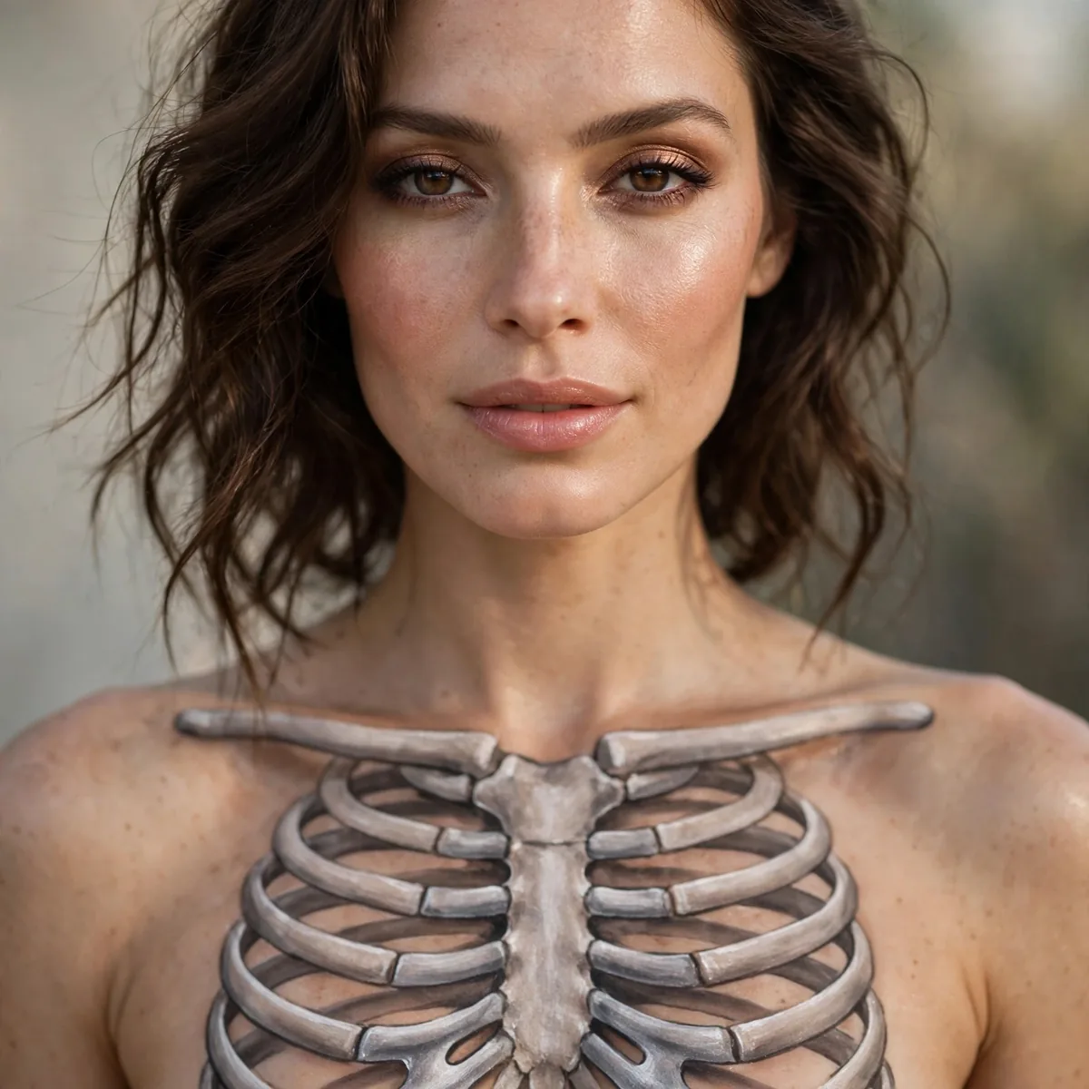 Woman with skeleton chest illusion, a painted ribcage extending down clearly visible in daylight