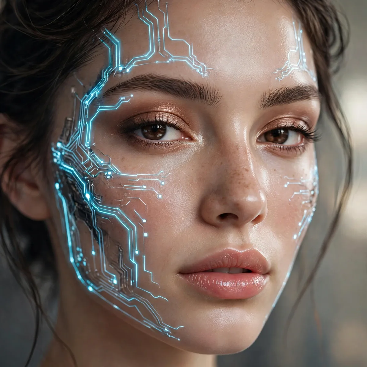 Beauty close-up of cyberpunk led skeleton highlighting glowing circuit lines and skin finish