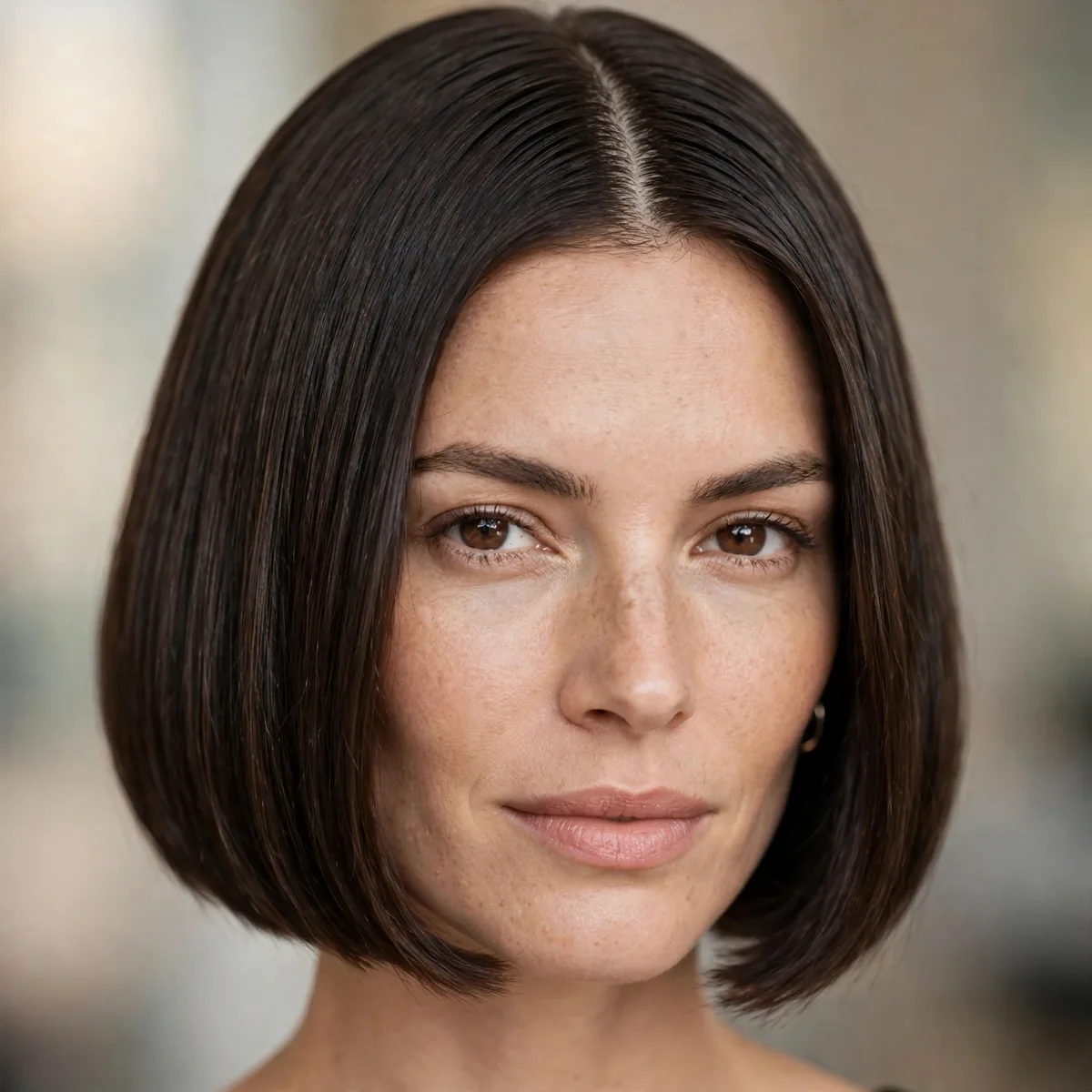 Sleek bob with a sharp middle part for interviews