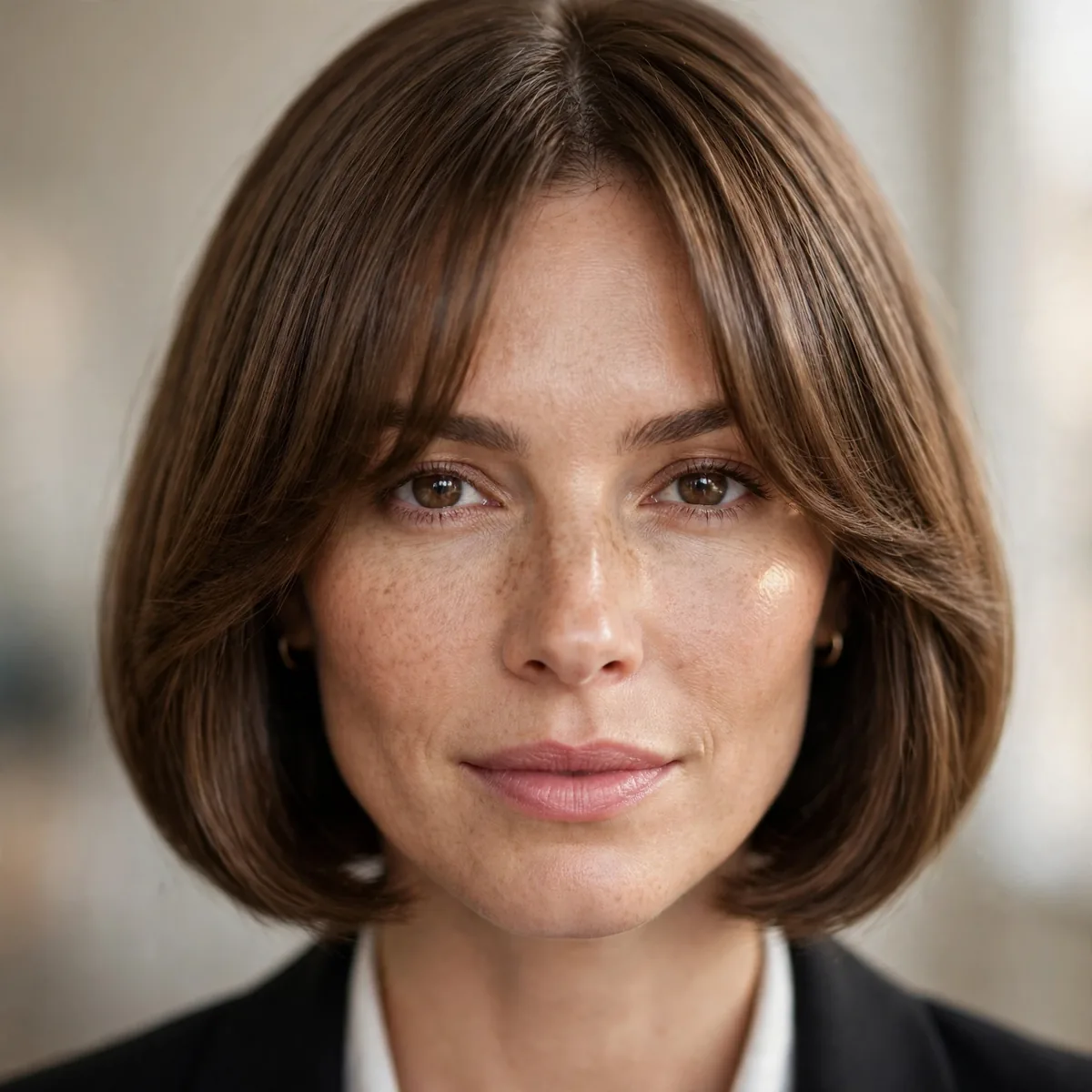 Polished bob with neat curtain bangs for an interview