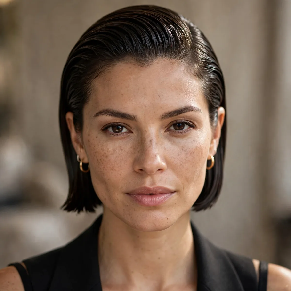 Slicked back sleek bob for a bold interview look