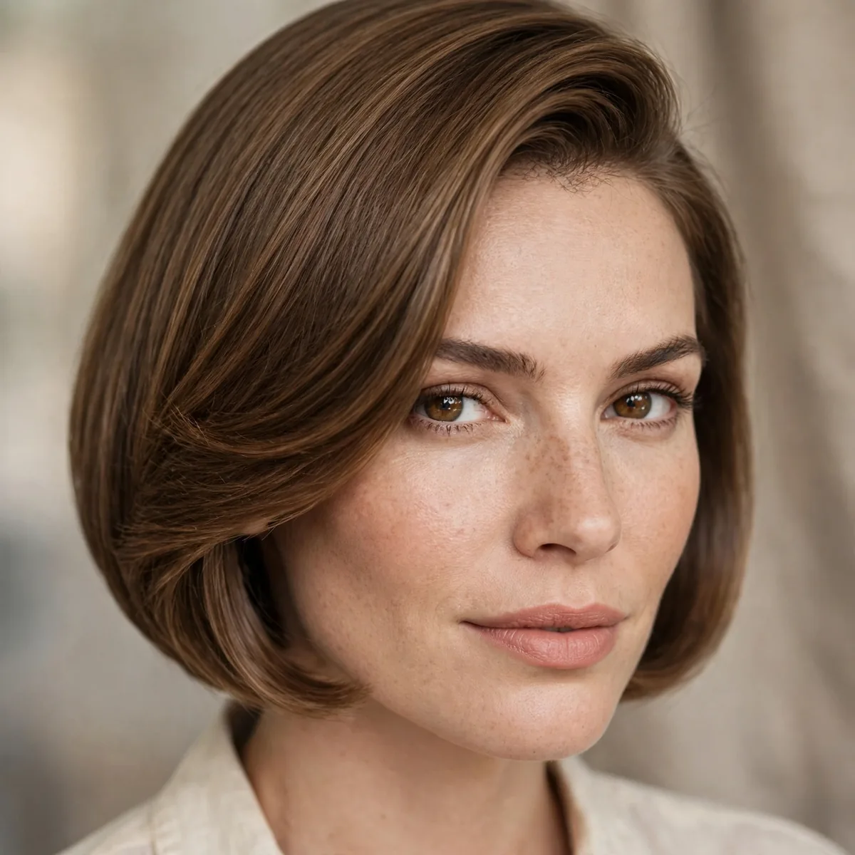 Neat bob with side swept styling for an interview