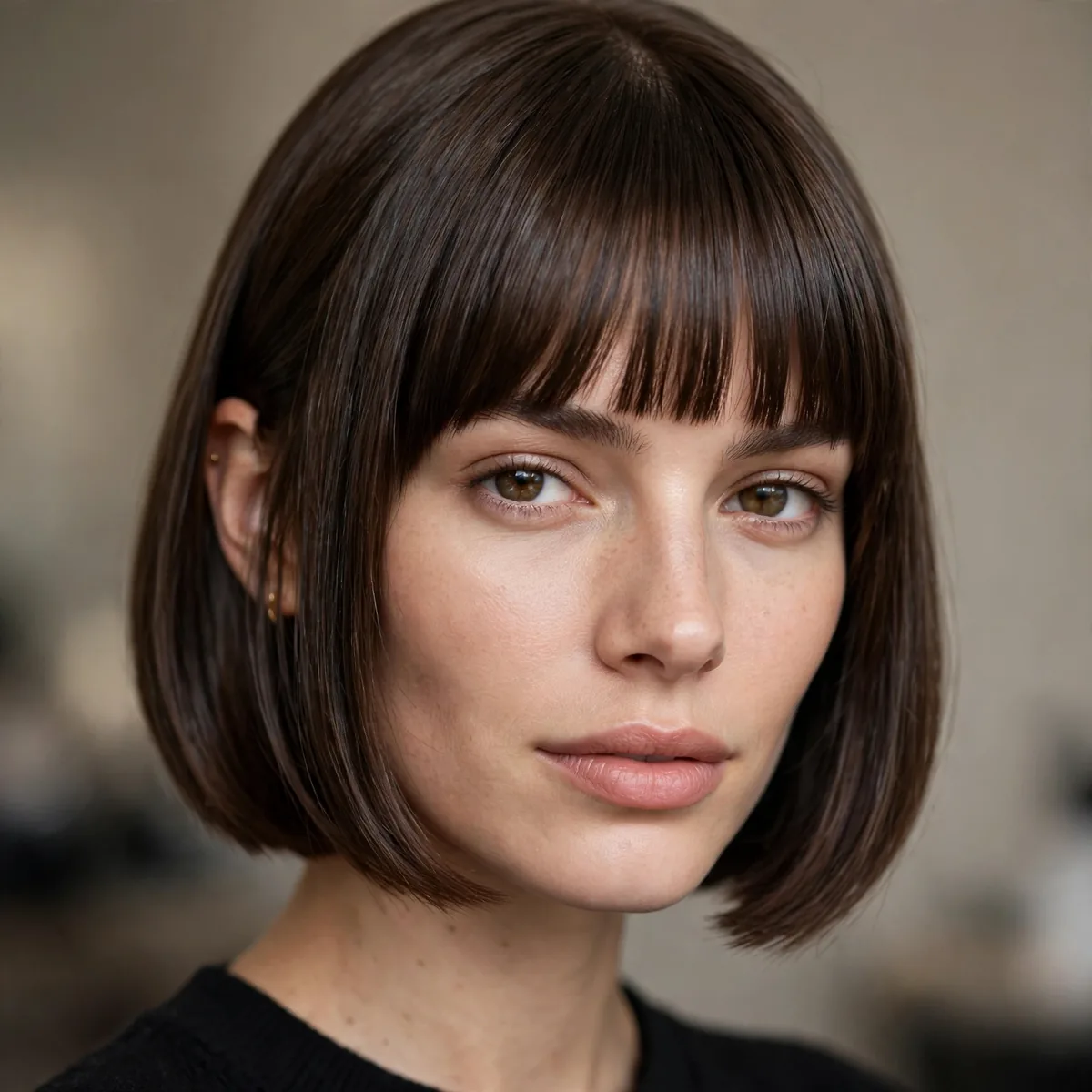 Sleek bob with straight across bangs professional look