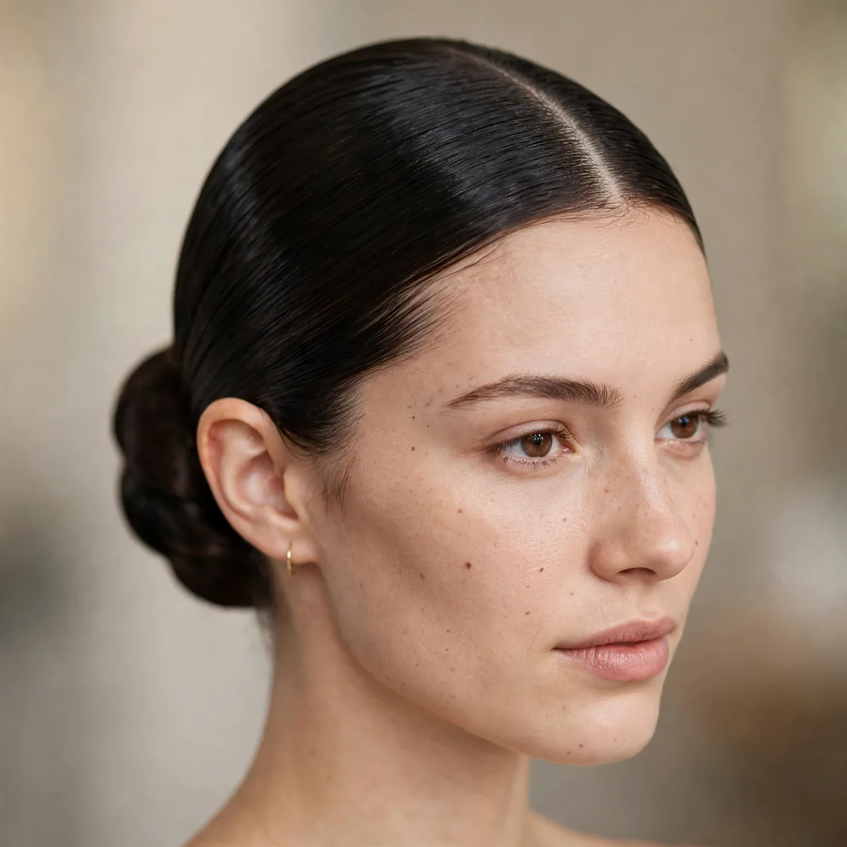 Sleek low bun with a precise middle part