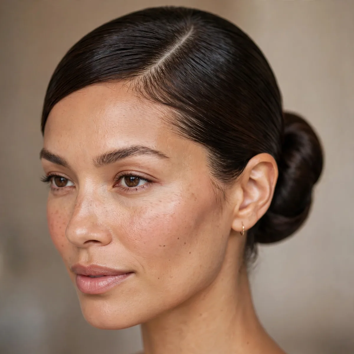 Sleek bun with a deep side part