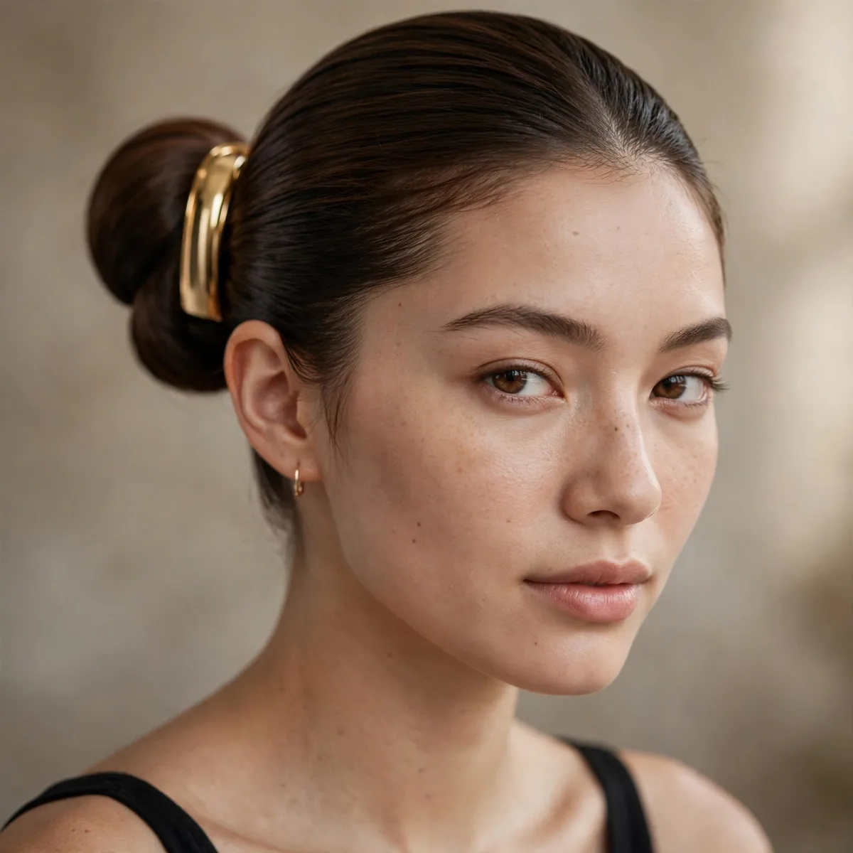 Sleek bun accessorized with a gold hair cuff