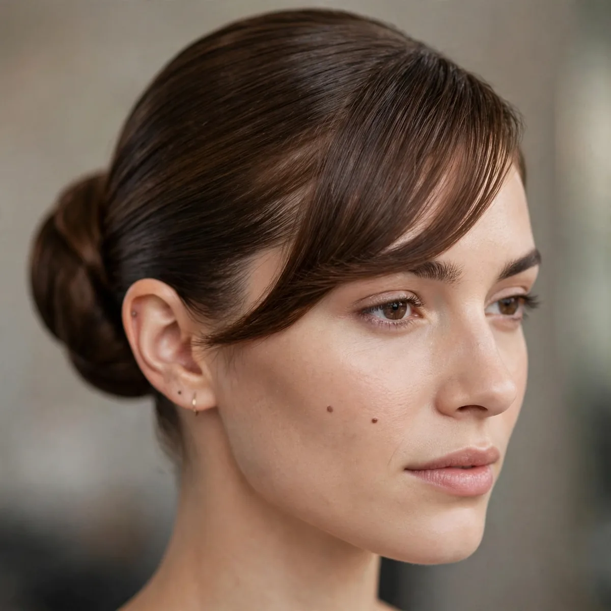 Sleek bun with swooped side bangs