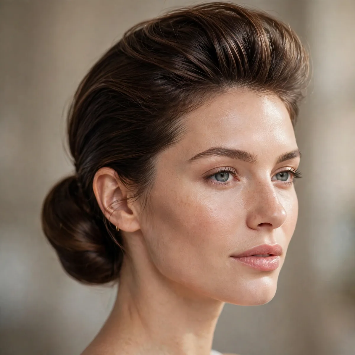 Low sleek bun with lifted crown volume