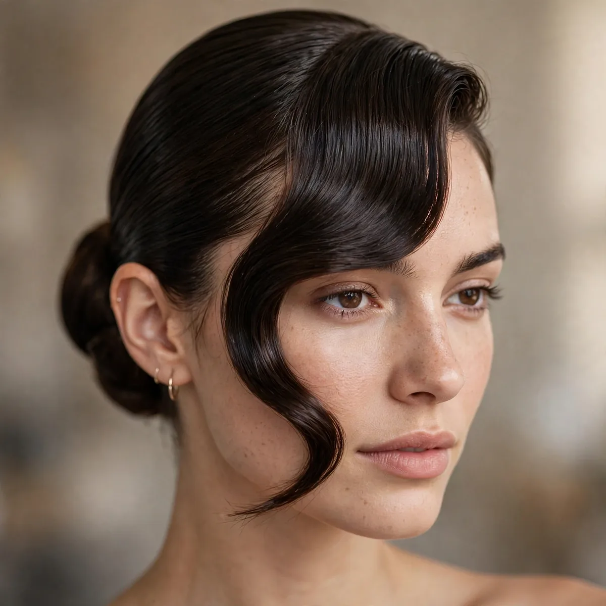 Sleek bun with dramatic side-swept front